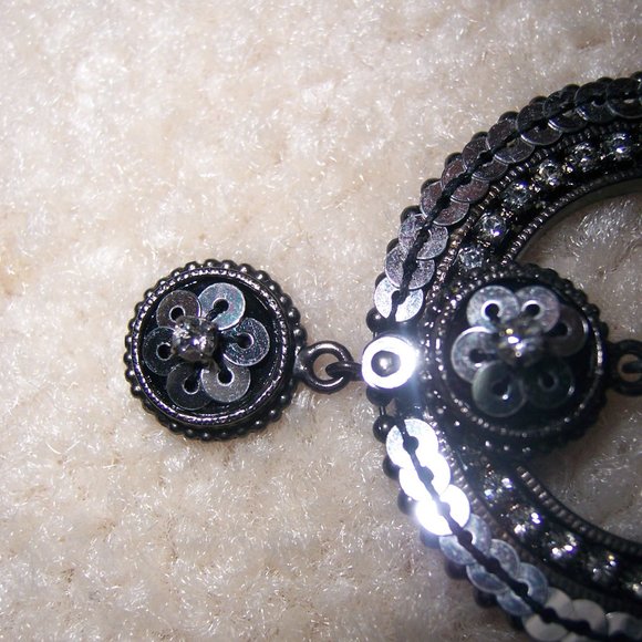 SATELLITE PARIS BLACK/ SILVER SEQUINS & CRYSTALS STATEMENT HOOP EARRINGS NEW - Picture 4 of 4
